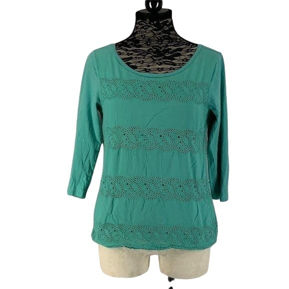 Gap Teal Green Eyelet Lace Tiered 3/4 Sleeve Scoop Neck Top Size M